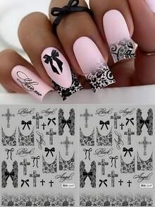 2个黑色哥特蕾丝蝴蝶结斜体字母法式美甲贴纸朋克十字英文单词字母字符巴洛克风格美甲滑块饰品装饰美甲用品 - 黑色 - 查看 11