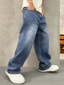 Quần jeans cạp chun dáng rộng cho bé trai tuổi teen, thích hợp cho mùa hè và mọi mùa. - Rửa trung bình - Xem 6