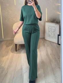 Women's 2 Pieces Set, Casual & Comfortable Solid Color Short Sleeve Top With Elastic Waist Pocket Pants, Soft Polyester-Spandex Fabric, Spring/Summer - Green - View 7