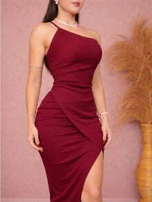 Long Draped, Single-Strap, Slit Dress - Maroon - View 3