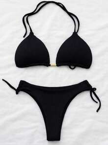 Double String String Bikini With Padded Cups, Semi-Thong, Casual, Tie-Up, Vacation, Beach - màu đen - Xem 3