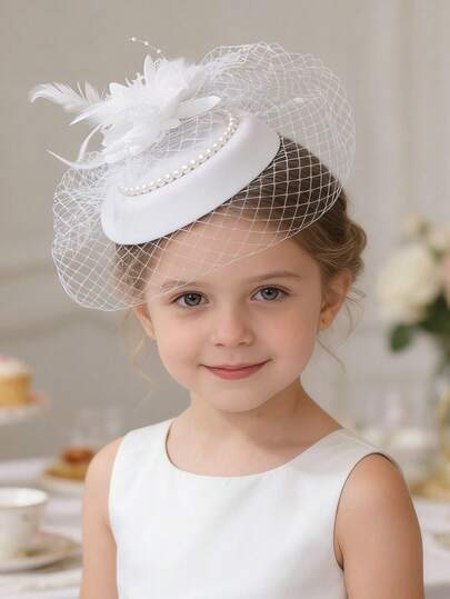 1件儿童女孩优雅羽毛珍珠装饰头饰帽，带网纱，复古茶会头饰，适合婚礼、生日表演