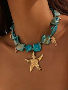 1件波西米亚风海洋主题金色海星贝壳多吊坠项链，搭配蓝绿色和金色珠子 - 百搭女士配饰，适合度假、派对、休闲佩戴 - 经久耐用，四季皆宜，是馈赠佳品，项链吊坠，海洋主题珠宝，珠子颜色稳定，节日礼物 - 彩色 - 查看 4