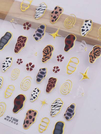 1 pieza Pegatina de uñas geométrica asimétrica 5D con alas de mariposa de gelatina dorada con estampado de leopardo francés, decoración de uñas autoadhesiva de moda animal personalizada, adecuada para manicura audaz y de moda de mujeres