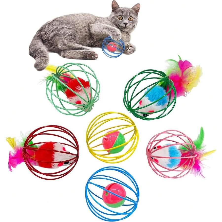 6个猫玩具球，混合毛绒老鼠和铃铛笼球，带羽毛，互动小猫玩具，适合宠物玩耍 - 彩色 - 查看 1