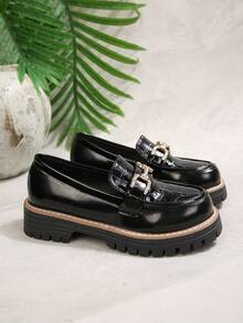 Mocasines de plataforma de moda, diseño de hebilla con diamantes de imitación brillantes, zapatos casuales tipo slip-on con tacón cuadrado, adecuados para el trabajo, citas y múltiples ocasiones, decoración de hebilla con diamantes de imitación en relieve brillante, estilo versátil para el uso diario, estilo universitario - Negro - Ver 7