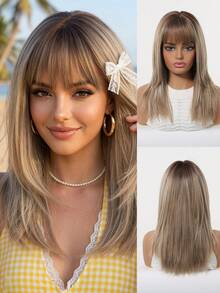 Ombre Brown Fashionable 16-Inch Figure-Eight Bangs Medium Long Straight Hair Synthetic Wigs: Natural-Looking And Heat Resistant For Party Cosplay Daily Use - Brown Ombre - View 2