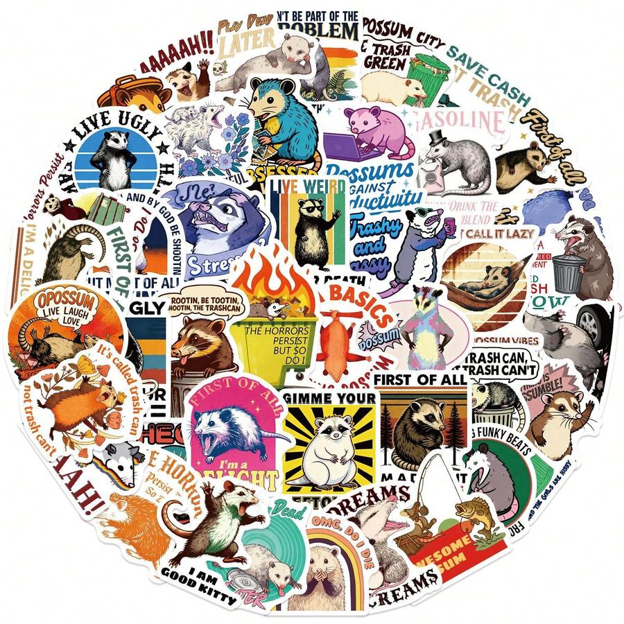 50 pièces Autocollants amusants de possum dessin animé, cadeaux d'opossum, autocollants d'animaux décoratifs pour bouteille d'eau, guitare, bagage, téléphone, étui, ordinateur portable, planche à roulettes, cadeau - A - Voir 1