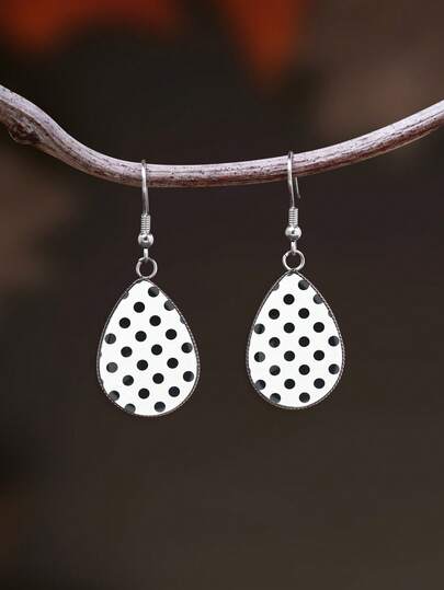 1 Pair Black & White Polka Dot Pattern 316 Stainless Steel Water Drop Earrings, Vintage Minimalist Style Suitable For Women's Daily Wear And Gifts, Elegant Minimalist Jewelry Earrings Suitable For Women's Daily And Holiday Wear