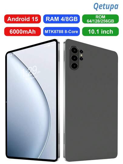 Qetupa 10.1英寸安卓15平板电脑，MTK8788八核2.0GHz处理器，4GB RAM + 64GB ROM或8GB RAM + 128GB/256GB ROM（支持1TB SD卡扩展），高清(1280x800) IPS触控屏，500万像素前置摄像头和1300万像素后置摄像头，6000mAh电池，支持802.11ax Wi-Fi 6、蓝牙5.2、GPS，Type-C充电接口，不支持SIM卡