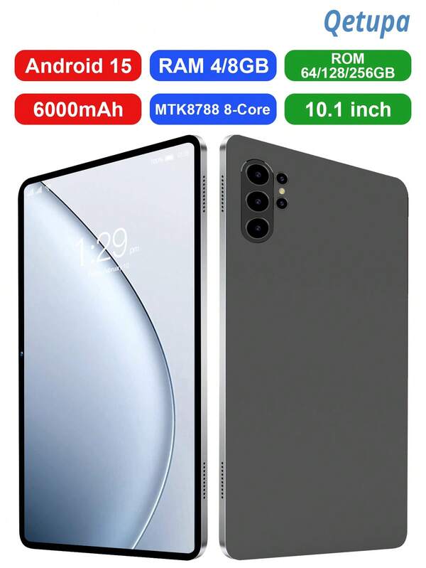 Qetupa 10.1英寸安卓15平板电脑，MTK8788八核2.0GHz处理器，4GB RAM + 64GB ROM或8GB RAM + 128GB/256GB ROM（支持1TB SD卡扩展），高清(1280x800) IPS触控屏，500万像素前置摄像头和1300万像素后置摄像头，6000mAh电池，支持802.11ax Wi-Fi 6、蓝牙5.2、GPS，Type-C充电接口，不支持SIM卡