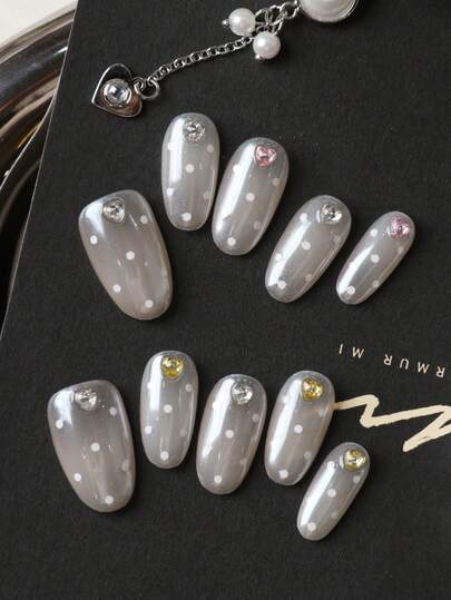 10 móng tay giả acrylic màu trắng bóng như gương, chấm trắng, hình trái tim nhiều màu sắc, dụng cụ làm móng giả ngắn, móng nhân tạo. Bao gồm 1 tờ keo dán và 1 dũa mini.
