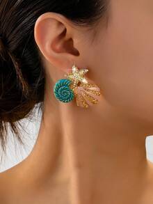 1 Pair Metal Enamel Starfish & Shell Pendant With Rhinestones, Suitable For Women's Beach Vacation, Party And Daily Wear - Blue - View 1