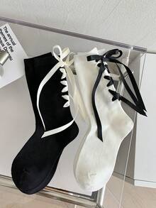 2 Pairs Women's Black And White Floral Lace Ribbon Bowknot Tie Mid-Calf Socks, Fall - Black and White - View 8