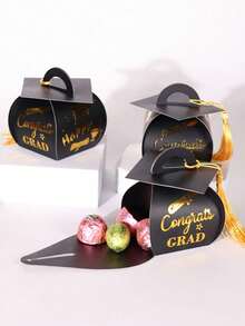 50/15 piezas/1 pieza Caja de dulces con forma de birrete de graduación, Suministros para fiesta de graduación 2025, Adecuado para regalos de fiesta de graduación - Caja negra + cuerda amarilla - Ver 5