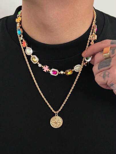 2 piezas Collar de cristal geométrico vintage glamoroso, collar de cadena con cruz completamente cubierta de hielo personalizada de estilo hip-hop, adecuado para uso diario, festivales de música, uso en fiestas, joyería unisex como regalo
