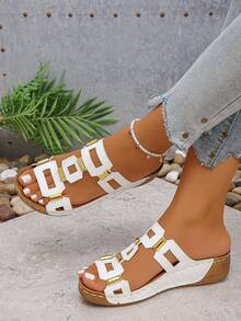 Sandal nữ mùa hè kiểu Âu Mỹ nhẹ nhàng, thiết kế hình học rỗng, khóa giả kim loại, quai đơn, đa năng cho bãi biển, kỳ nghỉ và mặc hàng ngày. - trắng - Xem 3