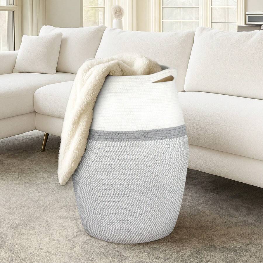 105L Extra Large Cotton Rope Laundry Hamper, Foldable Storage Basket For Laundry - White & Grey - View 1