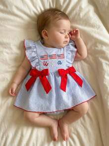 Baby Girl 4th Of July Outfit American Flag Bubble Romper Short Sleeve Patriotic  Fourth Of July Outfit Baby Girl 4th Of July Outfits Newborn Smocked Bubble Romper Bodysuit Ruffle American Flag Memorial Day Outfit - Màu xanh lam - Xem 5