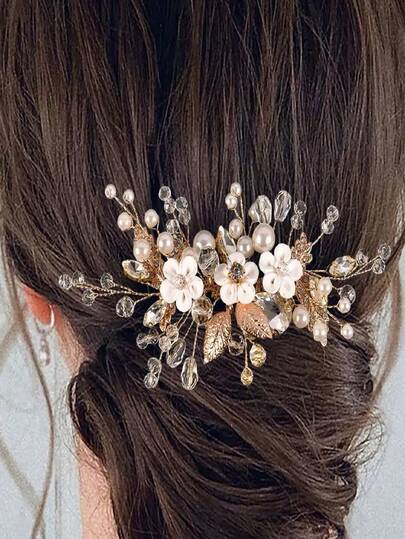 1 chiếc phụ kiện cài tóc cô dâu màu vàng, kiểu dáng ngọt ngào, đính ngọc trai và đá quý, hình hoa lá bằng hợp kim, phụ kiện cài tóc thanh lịch cho váy cưới.