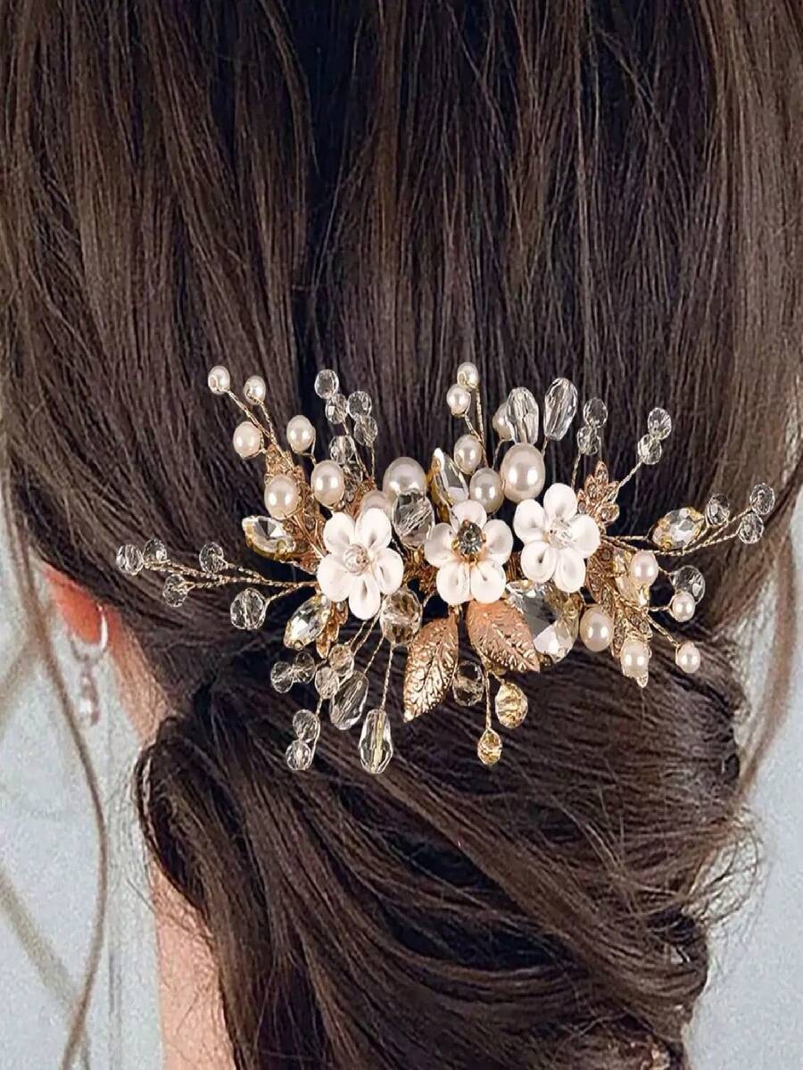 1 chiếc phụ kiện cài tóc cô dâu màu vàng, kiểu dáng ngọt ngào, đính ngọc trai và đá quý, hình hoa lá bằng hợp kim, phụ kiện cài tóc thanh lịch cho váy cưới. - 63356 - Xem 1