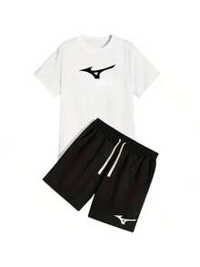Men's T-Shirt + Shorts Kit, TecTel Sports, Gym, Mizun Training, 100% Cotton, Round Neck Shirt, Cool Fabric, Quick-Drying Shorts - 白色 - 查看 1