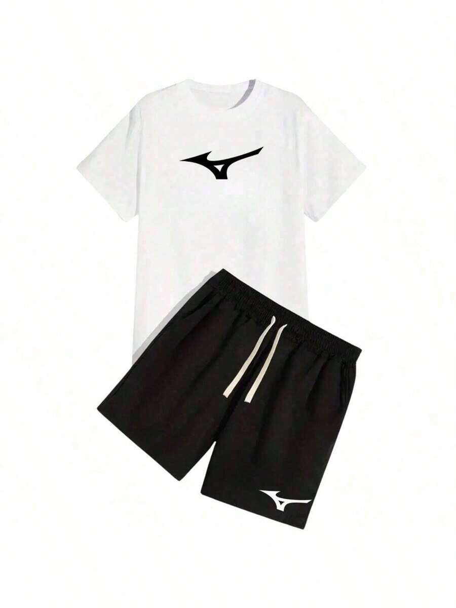 Men's T-Shirt + Shorts Kit, TecTel Sports, Gym, Mizun Training, 100% Cotton, Round Neck Shirt, Cool Fabric, Quick-Drying Shorts - 白色 - 查看 1