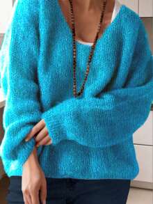 女士V领马海毛毛衣 - 垂褶长袖套头衫，适合秋季度假和派对穿着 | 复古奢华轻盈设计 - 藍色 - 查看 6