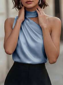 1 pieza Blusa elegante sin mangas de satén de unicolor con volantes asimétricos/asimétricos, adecuada para verano, vacaciones, oficina, hogar, uso diario, fiesta de cumpleaños, eventos forma - Celeste - Ver 3