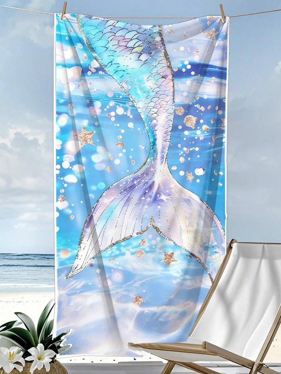 Toalla con estampado de cola de sirena de fibra ultrafina de 250 g/m², azul-púrpura con ribete dorado, de 70*140 cm para nadar/baño, toalla de playa de secado rápido, manta de playa extra grande, chal, cojín de 1 pieza o toalla de baño/playa de 90*180 cm 1 pieza