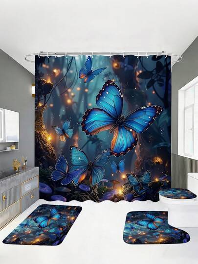 Bộ phụ kiện phòng tắm họa tiết rừng bướm xanh phát sáng trong bóng tối (1/3/4 món), tươi mát và thoải mái với không khí mùa hè, trang trí nhà cửa, rèm phòng tắm, bộ phụ kiện phòng tắm, bao gồm rèm tắm, bộ rèm phòng tắm. Rèm tắm nhiều kích cỡ và bộ đồ dùng đồng bộ, vải polyester bền, chống nấm mốc, bộ trang trí phòng tắm bao gồm rèm tắm, thảm chữ U cho bồn cầu, thảm chống trượt, bọc bồn cầu và 12 móc treo rèm tắm, thích hợp làm quà tặng Ngày của Mẹ, quà tặng mùa tựu trường.