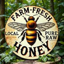 1pc Vintage Round Metal Sign "Farm Fresh Local Pure Natural Honey" - 8.0x8.0 Inch Retro Plaque With Bee Pattern, Suitable For Home, Kitchen, Bar, Cafe, Garage Wall Decor, Bee Decoration, 2D Plane (Random Hole Position) - A - View 6