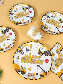 100-Piece Construction-Themed Birthday Party Set, Including 7-Inch And 9-Inch Disposable Paper Plates, Cups, And Napkins Featuring An Excavator Design, Plus Party Decorations And Elegant Dessert Cups. - View 6