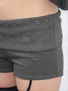 Ladies' Summer Casual Shorts Feature A Unique Design With Rivets And A Folded Waist. Lightweight And Soft, Comfortable And Breathable. Suitable For Daily Life, Gatherings, Homes, Or Other Occasions. - Grey - View 3