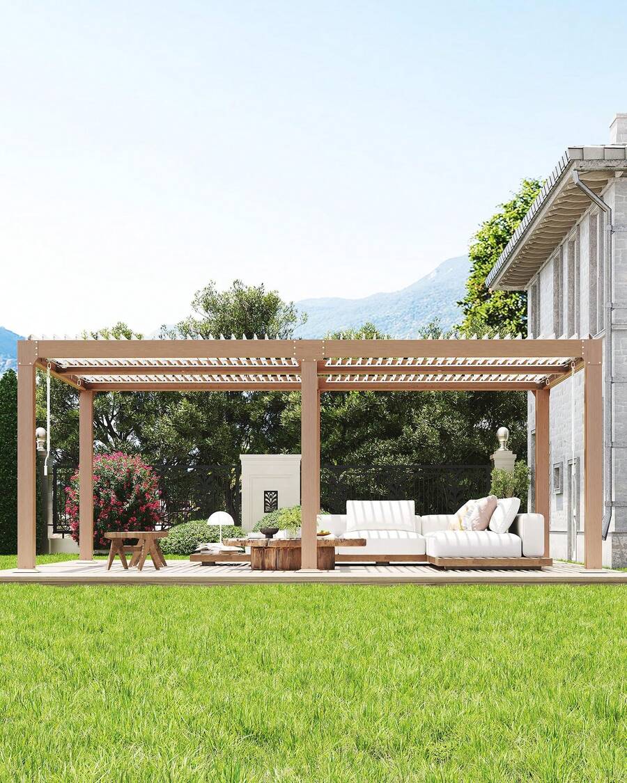 Louvered Pergola 12 Ft X 20 Ft, Outdoor Pergola With Adjustable Louvered Roof, Reinforced Aluminum Frame, Integrated Drainage System, Hardtop Gazebo For Patio, Deck, Wood Grain - 原木色 - 查看 1