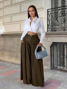 2026 New Spring/Summer Women's Solid Color Casual Elegant Back-To-School, Date, Pleated Wide Leg Pants, Suitable For Valentine's Day, Chinese New Year, Women's Pants, Wide Leg Pants, Women's Trousers, Women's Office Attire, Spring Wear, Office Wear, Elegant Women's , Holiday Women's Attire, Club Wear, Women's Springs, Women's Holiday Wear, Summer Vacation Wear, Women's Birthday - 棕色 - 查看 4