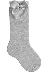Children's 3/4 Party Socks Sizes 16-33 Satin Bow Long Socks For Girls, Christenings, Weddings, Flower Girls, Social Events, Dances, Elegant, High Quality, Soft Touch, Coquettish, Korean Style, School Drama - 灰色 - 查看 8