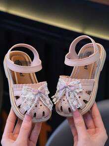 Cute Rhinestone Bow Open Toe Girls Sandals, Breathable Non-Slip Beach Holiday Shoes - Pink - View 1