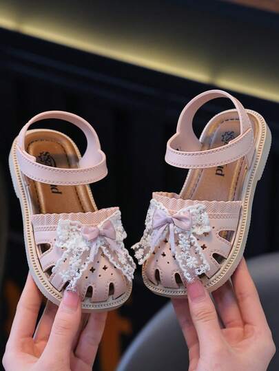Cute Rhinestone Bowknot Open Toe Sandals For Girls, Breathable Non-Slip Sandals For Holiday Beach