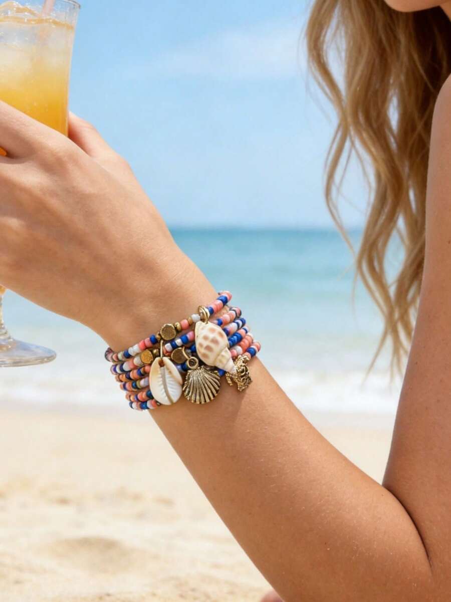 6pcs Bohemian Ocean Style Acrylic Shell, Conch, Zinc Alloy Fan, Turtle Pendant Beaded Bracelet Set, Suitable For Women's Daily, Holiday, Beach Travel Matching - Blue Pink - View 1