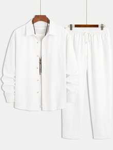 Men's Casual Relaxed Versatile Long Sleeve Full Button-Down Shirt And Solid Color Drawstring Pants 2-Piece Set - White - View 3