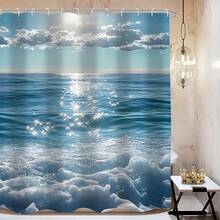 1/4 Packs Of UAXIEP Fresh Wave Bath Curtain. Fresh And Soothing, Simple And Elegant, Waterproof And Easy To Maintain. Includes A Waterproof Divider Multi-Functional Bath Curtain, 12 Hooks, A Non-Slip Bathroom Mat, U-Shaped Toilet Mat, Toilet Lid Mat, Bathroom Decorations, And Bathroom Dividers. Essential For Home Use. The Store Offers Various Styles To Choose From. - A - View 7