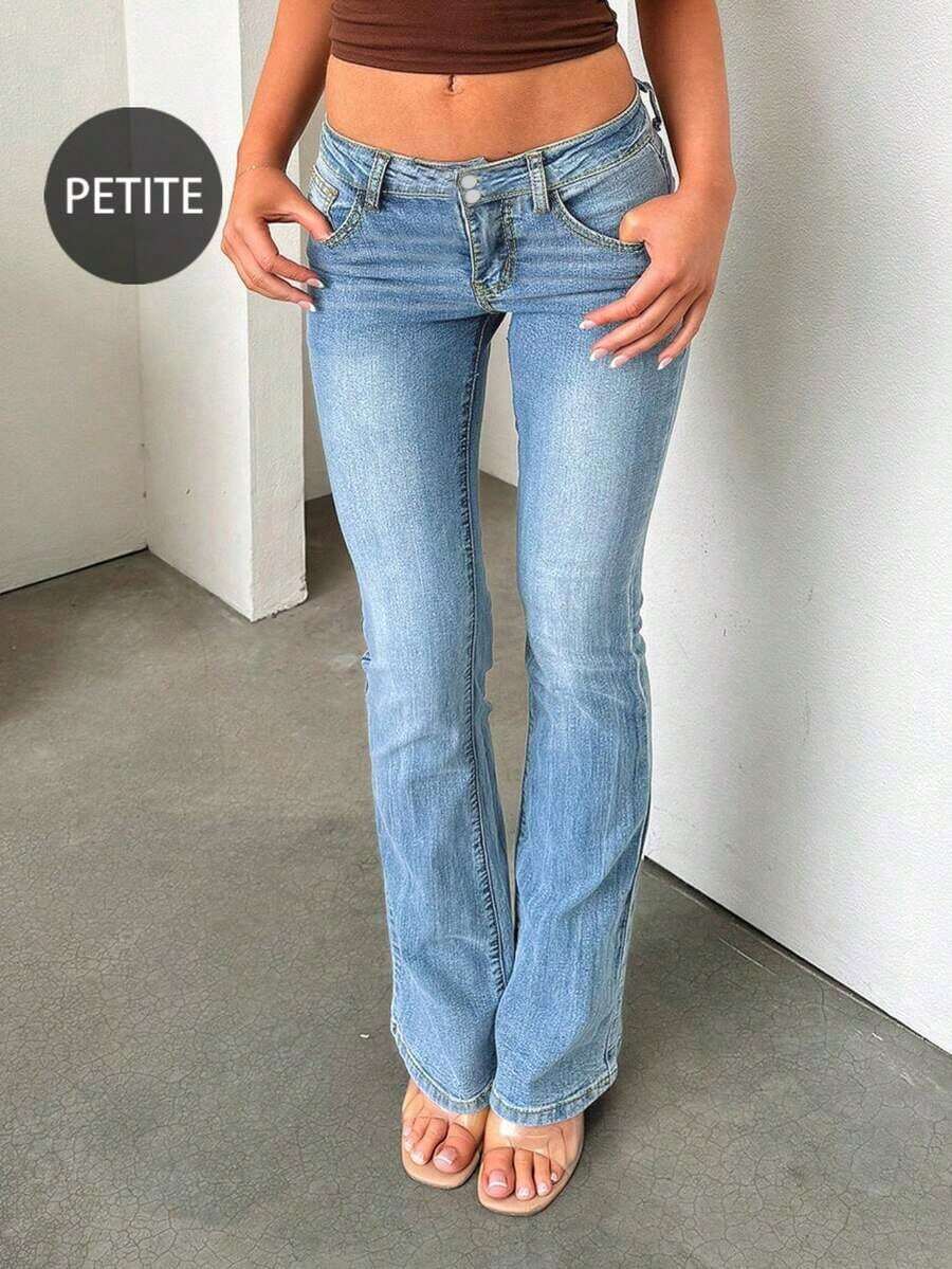 Retro Elegant High Waist Button Slim Fit Low Waist Sexy Casual Washed Solid Color Jeans Spring - 中等水洗 - 查看 1