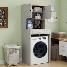 Over The Washer Dryer And Robot Vacuum Storage Cabinet Suitable For Compact Washing Machines Laundry Room Storage Organizer With 1 Door A Adjustable Shelf And A Fake Drawer Design-Antique White - 仿古白 + 中密度纖維板1 - 查看 5
