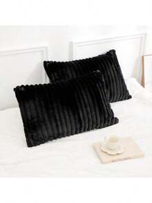 1pc Faux Rabbit Fur Striped Pillowcase, Without Pillow Insert, Zipper Closure, Soft & Cozy Bedding Pillowcase, Removable & Easy To Use For Comfortable Sleep - Black - View 8