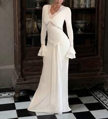 Vestido largo de fiesta elegante con cintura ceñida, parches de encaje y volantes para mujer - Blanco - Ver 2