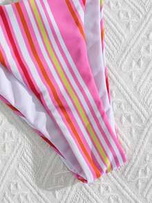Onefish 1pc Colorful Striped Triangle Bikini Top, Gathering Design, Color Blocking, Knot Decor, Pink Summer Vacation Beach - Pink - View 6