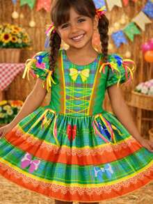Children's Printed June Festival Dress With Bow – Colorful Country Girl's Dress For June Festivals - Green - View 1