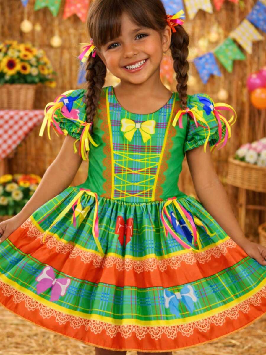 Children's Printed June Festival Dress With Bow – Colorful Country Girl's Dress For June Festivals - Green - View 1