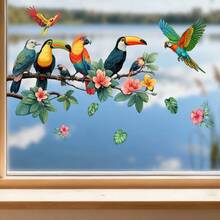 2D Flat - 2D Flat - 1 buc. Autocolante pentru ferestre cu vânt natural, cioc mare, pasăre și papagal, flori, imprimate 2D plat, creative, autocolante detașabile, față-verso, din PVC, vizibile, pentru înfrumusețarea și decorarea ușilor și ferestrelor în camerele de zi - A - Vizualizare 2